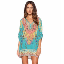Women Dresses Ladies Three Quarter Sleeves Chiffon Vintage Print Loose Party Mini Dress