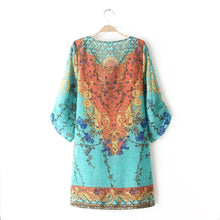 Women Dresses Ladies Three Quarter Sleeves Chiffon Vintage Print Loose Party Mini Dress