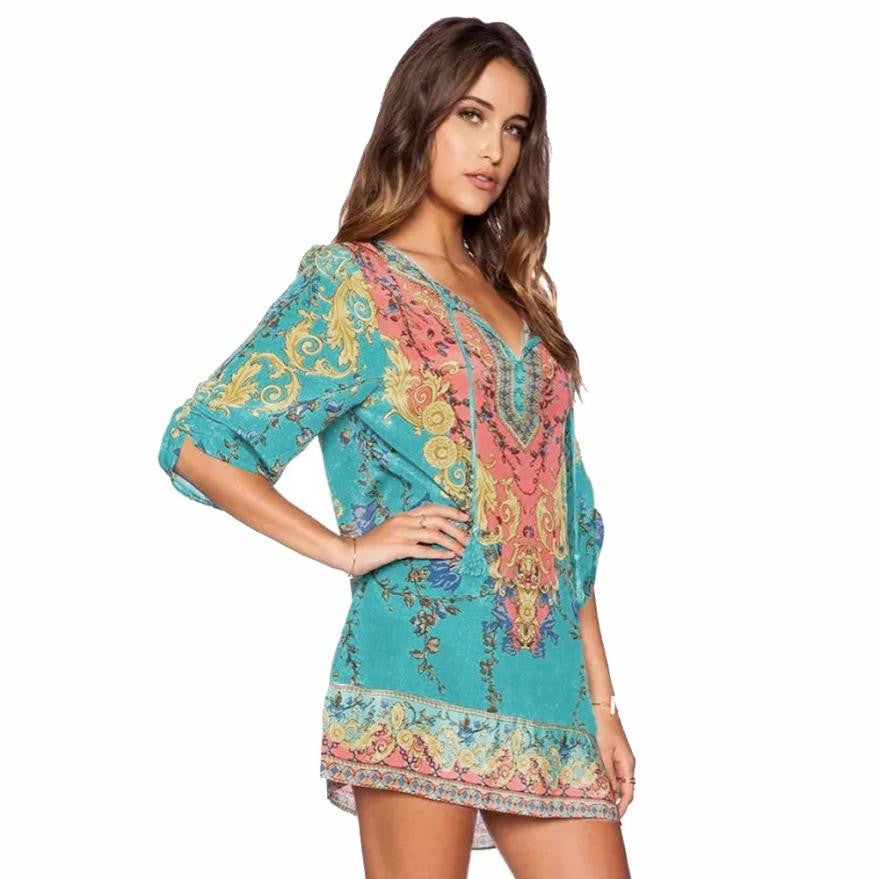 Women Dresses Ladies Three Quarter Sleeves Chiffon Vintage Print Loose Party Mini Dress