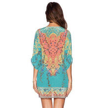 Women Dresses Ladies Three Quarter Sleeves Chiffon Vintage Print Loose Party Mini Dress