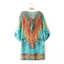 Women Dresses Ladies Three Quarter Sleeves Chiffon Vintage Print Loose Party Mini Dress