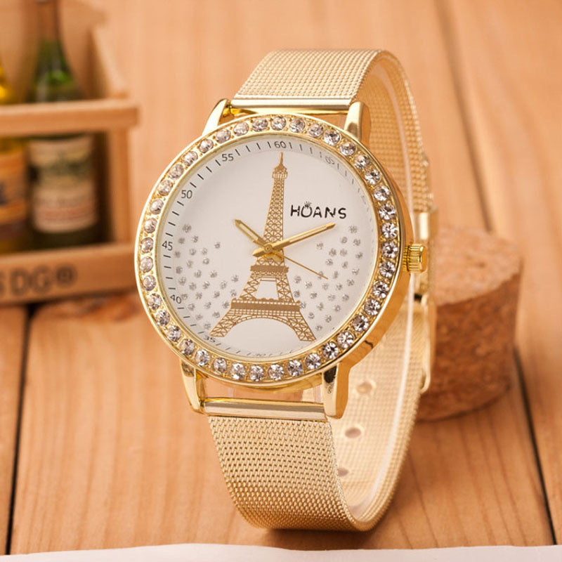 Women Crystal Tower Gold Stainless Steel Mesh Band Ladies Wrist Watch Watches&