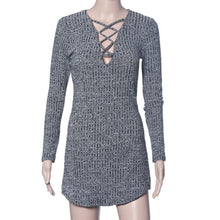 Women Dress Sexy Women Lace Up Long Sleeved V Neck Elasticity Cotton Dresses Bodycon Mini Dress