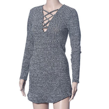 Women Dress Sexy Women Lace Up Long Sleeved V Neck Elasticity Cotton Dresses Bodycon Mini Dress
