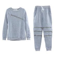 Women Sexy Zipper Leisure Round Neck Sweater Fleece T-shirt and Trousers Two Pieces Suit Cloth