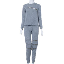 Women Sexy Zipper Leisure Round Neck Sweater Fleece T-shirt and Trousers Two Pieces Suit Cloth