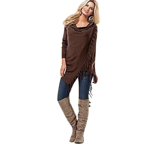 Women Tops Fashion Coffee Color Long Sleeve Tassel Slash Tops Shirt Fast Shipping