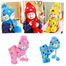 kids-boys-girls-crochet-warm-beanie-five-pointed-star-baby-earflap-hat-scarf-cap-2pcs BBL