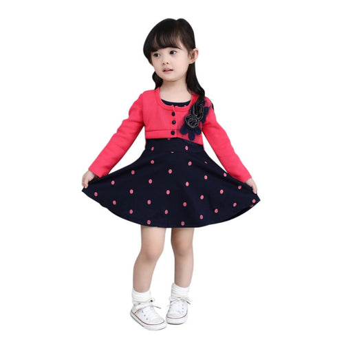 kids-girl-princess-dress-floral-long-sleeve-fake-two-piece-dots-cotton-dress-girls-clothes-2-4years BBL