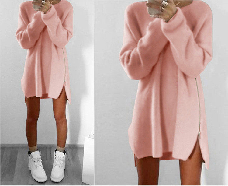 Knitting Sweater Dress Women Casual Loose Zippers Sweater Dresses Long Sleeve Vestidos Mini Dress