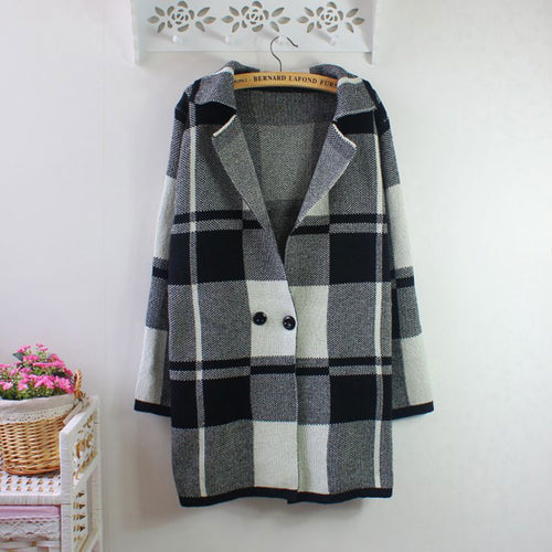 Korean Style Knitted Cardigan Sweater Women Loose Casual Coat Plaid Long Knitwear Warm Knitted Sweaters DF