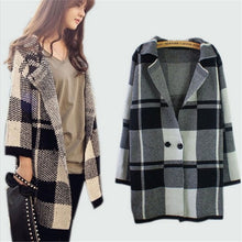 Korean Style Knitted Cardigan Sweater Women Loose Casual Coat Plaid Long Knitwear Warm Knitted Sweaters DF