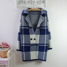 Korean Style Knitted Cardigan Sweater Women Loose Casual Coat Plaid Long Knitwear Warm Knitted Sweaters DF