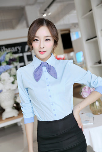 korean-style-women-patchwork-lined-tops-button-long-puff-sleeve-shirt-blusas-femininas-self-tie-slim-office-women-blouses BBL