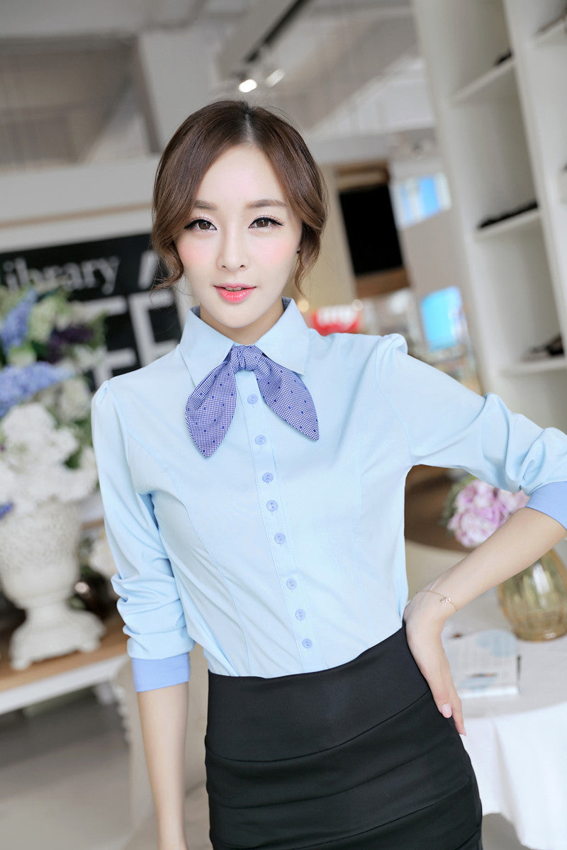 korean-style-women-patchwork-lined-tops-button-long-puff-sleeve-shirt-blusas-femininas-self-tie-slim-office-women-blouses BBL
