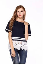 L-4XL Lace Flower Pachwork T Shirt Lace Hollow Out White Stripe Shirt Plus Size Women Clothing Short Sleeve Blusas