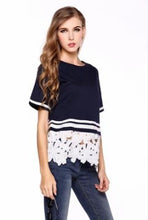 L-4XL Lace Flower Pachwork T Shirt Lace Hollow Out White Stripe Shirt Plus Size Women Clothing Short Sleeve Blusas