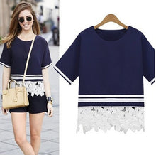 L-4XL Lace Flower Pachwork T Shirt Lace Hollow Out White Stripe Shirt Plus Size Women Clothing Short Sleeve Blusas