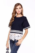 L-4XL Lace Flower Pachwork T Shirt Lace Hollow Out White Stripe Shirt Plus Size Women Clothing Short Sleeve Blusas