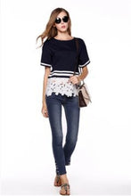 L-4XL Lace Flower Pachwork T Shirt Lace Hollow Out White Stripe Shirt Plus Size Women Clothing Short Sleeve Blusas