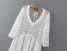 Lace Hollow out Hi-Lo Ruffles Hem Long Shirt Women's Sexy Semi sheer V Neck Half Sleeve Sexy Shirt Blouse Tops