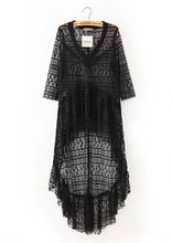 Lace Hollow out Hi-Lo Ruffles Hem Long Shirt Women's Sexy Semi sheer V Neck Half Sleeve Sexy Shirt Blouse Tops