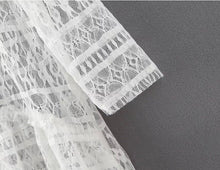 Lace Hollow out Hi-Lo Ruffles Hem Long Shirt Women's Sexy Semi sheer V Neck Half Sleeve Sexy Shirt Blouse Tops