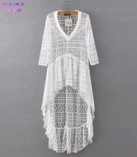 Lace Hollow out Hi-Lo Ruffles Hem Long Shirt Women's Sexy Semi sheer V Neck Half Sleeve Sexy Shirt Blouse Tops