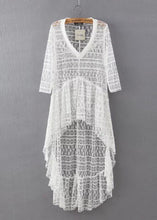 Lace Hollow out Hi-Lo Ruffles Hem Long Shirt Women's Sexy Semi sheer V Neck Half Sleeve Sexy Shirt Blouse Tops