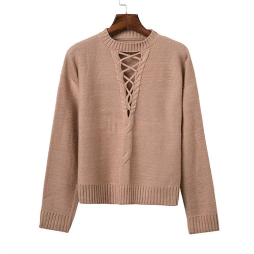 Lace up knitted sweater Women casual black halter twist pullover long sleeve nude jumper pull femme