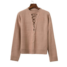 Lace up knitted sweater Women casual black halter twist pullover long sleeve nude jumper pull femme