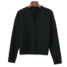 Lace up knitted sweater Women casual black halter twist pullover long sleeve nude jumper pull femme