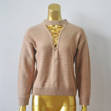 Lace up knitted sweater Women casual black halter twist pullover long sleeve nude jumper pull femme