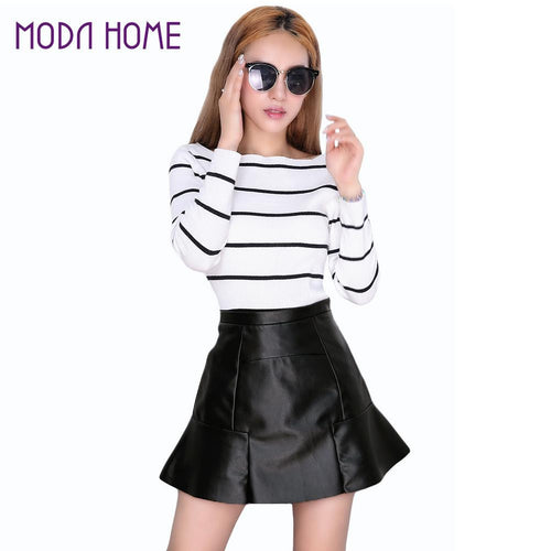 ladies-black-pu-skirt-sexy-women-mini-skirt-pu-leather-ruffled-hem-zipper-casual-elegant-slim-wrap-skirt-saia-de-couro BBL