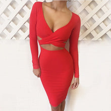 Ladies Sexy Clubwear Long Sleeve Deep-v Neck Bodycon Dress Hollow Out Slim Pencil Dress Solid Vestidos M0522