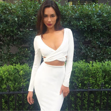 Ladies Sexy Clubwear Long Sleeve Deep-v Neck Bodycon Dress Hollow Out Slim Pencil Dress Solid Vestidos M0522