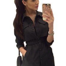 Lady Button Dress Women Dress Long Sleeve Turn-down Collar Solid Dress Office Work Wear Dress Vestidos GV364