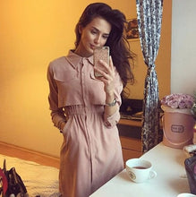 Lady Button Dress Women Dress Long Sleeve Turn-down Collar Solid Dress Office Work Wear Dress Vestidos GV364