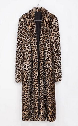 Leopard Faux Fur Long Coat Faux Rabbit Fur Jackets Lapel collar Long Sleeve Outerwear Loose Overcoat