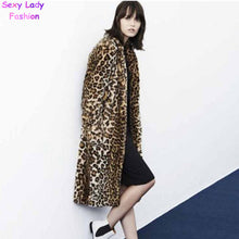 Leopard Faux Fur Long Coat Faux Rabbit Fur Jackets Lapel collar Long Sleeve Outerwear Loose Overcoat