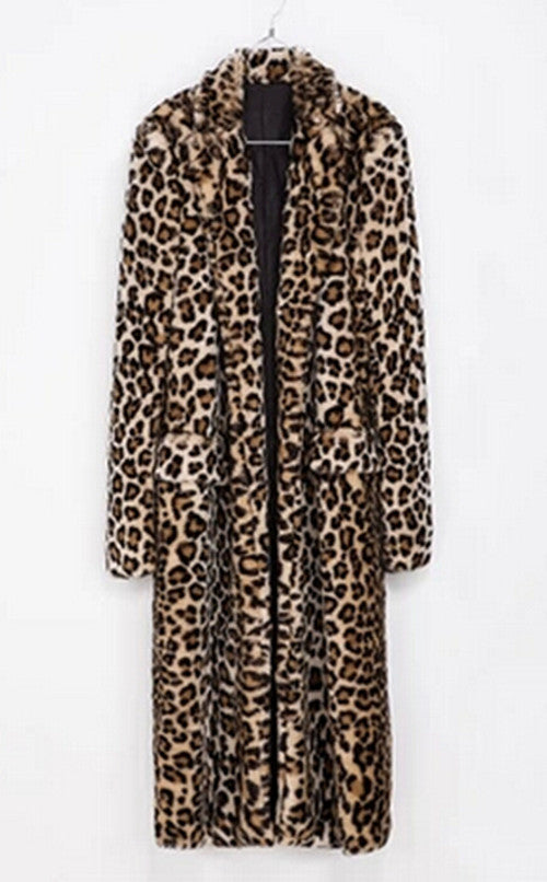 Leopard Faux Fur Long Coat Faux Rabbit Fur Jackets Lapel collar Long Sleeve Outerwear Loose Overcoat