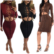 Long Sleeve One-Piece Club Dress Women Suede Velvet Bodycon Bandage Dress Cross Straps Hollow Out Bandage Dress Vestidos GV463