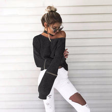 Loose Open Zipper Halter Knitted Sweater 4 Color Women Sweater Sexy V-neck Long Sleeve Pull Femme Pullovers GV356