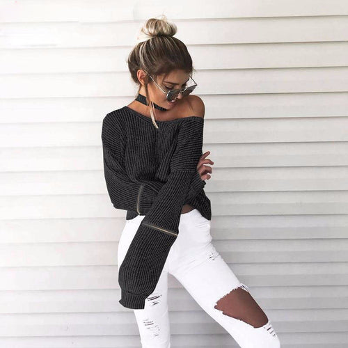 Loose Open Zipper Halter Knitted Sweater 4 Color Women Sweater Sexy V-neck Long Sleeve Pull Femme Pullovers GV356