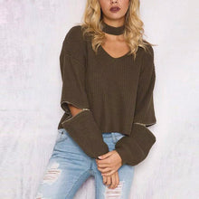 Loose Open Zipper Halter Knitted Sweater 4 Color Women Sweater Sexy V-neck Long Sleeve Pull Femme Pullovers GV356