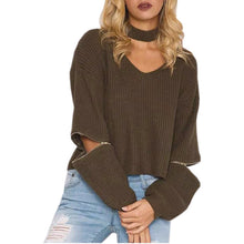 Loose Open Zipper Halter Knitted Sweater 4 Color Women Sweater Sexy V-neck Long Sleeve Pull Femme Pullovers GV356