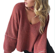 Loose Open Zipper Halter Knitted Sweater 4 Color Women Sweater Sexy V-neck Long Sleeve Pull Femme Pullovers GV356