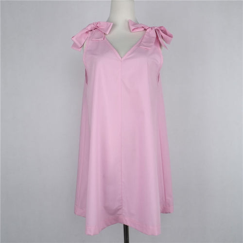 Loose Dress Bow Off Shoulder Casual Women Dress Sexy V Neck Sleeveless Mini Dresses Plus Size Lady Dress Pink