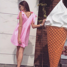 Loose Dress Bow Off Shoulder Casual Women Dress Sexy V Neck Sleeveless Mini Dresses Plus Size Lady Dress Pink