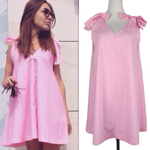 Loose Dress Bow Off Shoulder Casual Women Dress Sexy V Neck Sleeveless Mini Dresses Plus Size Lady Dress Pink